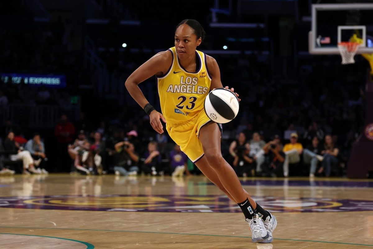 Jun 1, 2025; Los Angeles, California, USA;  Los Angeles Sparks forward Azura Stevens (23) dribbles the ball during the fourth quarter against the Phoenix Mercury at Crypto.com Arena. Mandatory Credit: Kiyoshi Mio-Imagn Images
