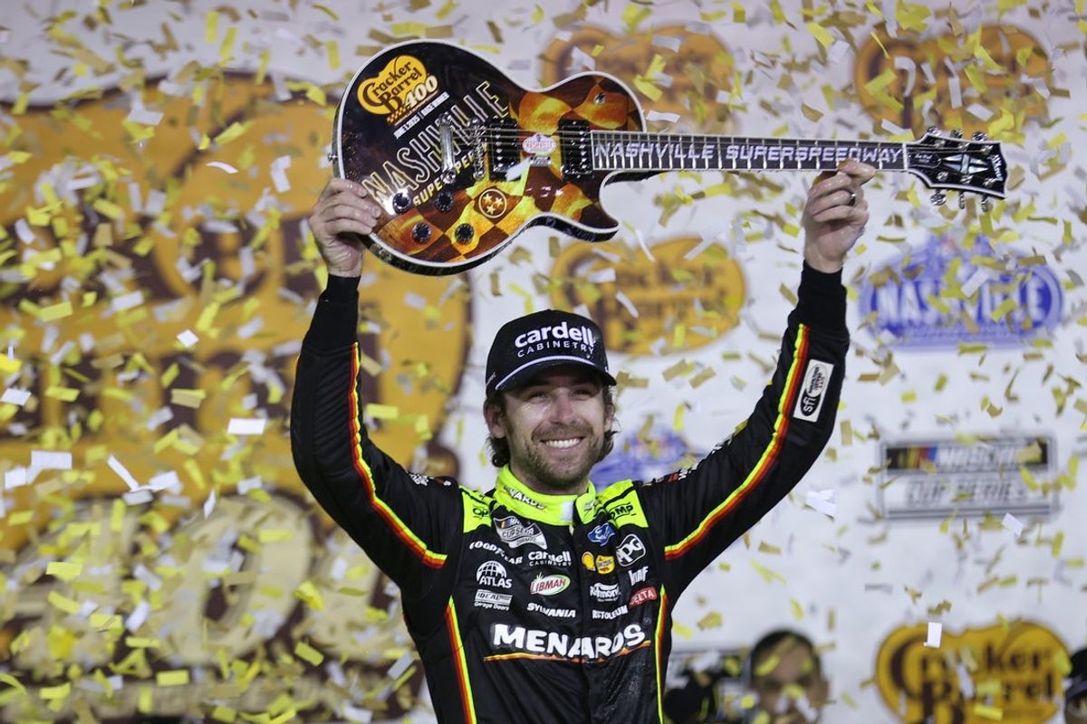 Jun 1, 2025; Lebanon, Tennessee, USA; NASCAR Cup Series driver Ryan Blaney (12) wins the Cracker Barrel 400 at Nashville Superspeedway. Mandatory Credit: Randy Sartin-Imagn Images