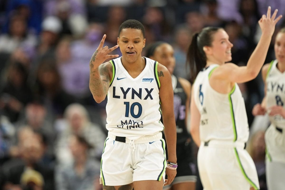 Jun 1, 2025; San Francisco, California, USA; Minnesota Lynx guard Courtney Williams (10) gestures after making a three point basket against the Golden State Valkyries during the fourth quarter at Chase Center. Mandatory Credit: Darren Yamashita-Imagn Images