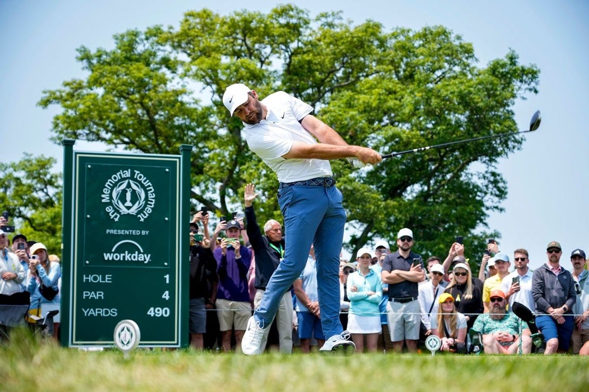 Scottie Scheffler drives the ball off the first tee during the final round of the Memorial Tournament at Muirfield Village Golf Course on Sunday, June 1, 2025 in Dublin, Ohio.