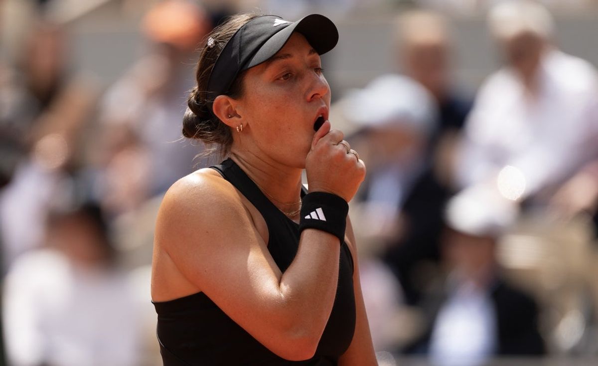 Jun 2, 2025; Paris, FR; Jessica Pegula of the United States reacts to a point during her match against Lois Boisson of France on day nine at Roland Garros Stadium.  Mandatory Credit: Susan Mullane-Imagn Images
