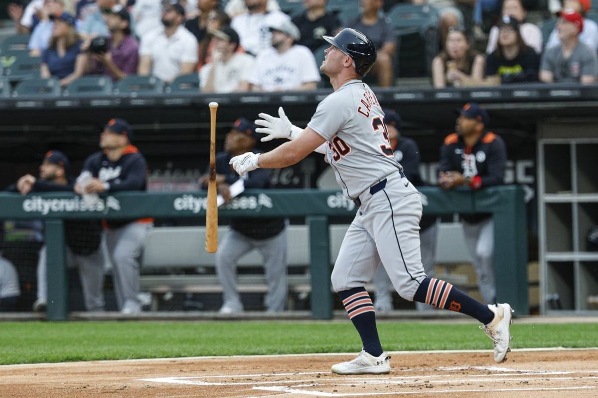 Jun 2, 2025; Chicago, Illinois, USA; Detroit Tigers designated hitter Kerry Carpenter (30) hits a two-run home run against the Chicago White Sox during the first inning at Rate Field. Mandatory Credit: Kamil Krzaczynski-Imagn Images