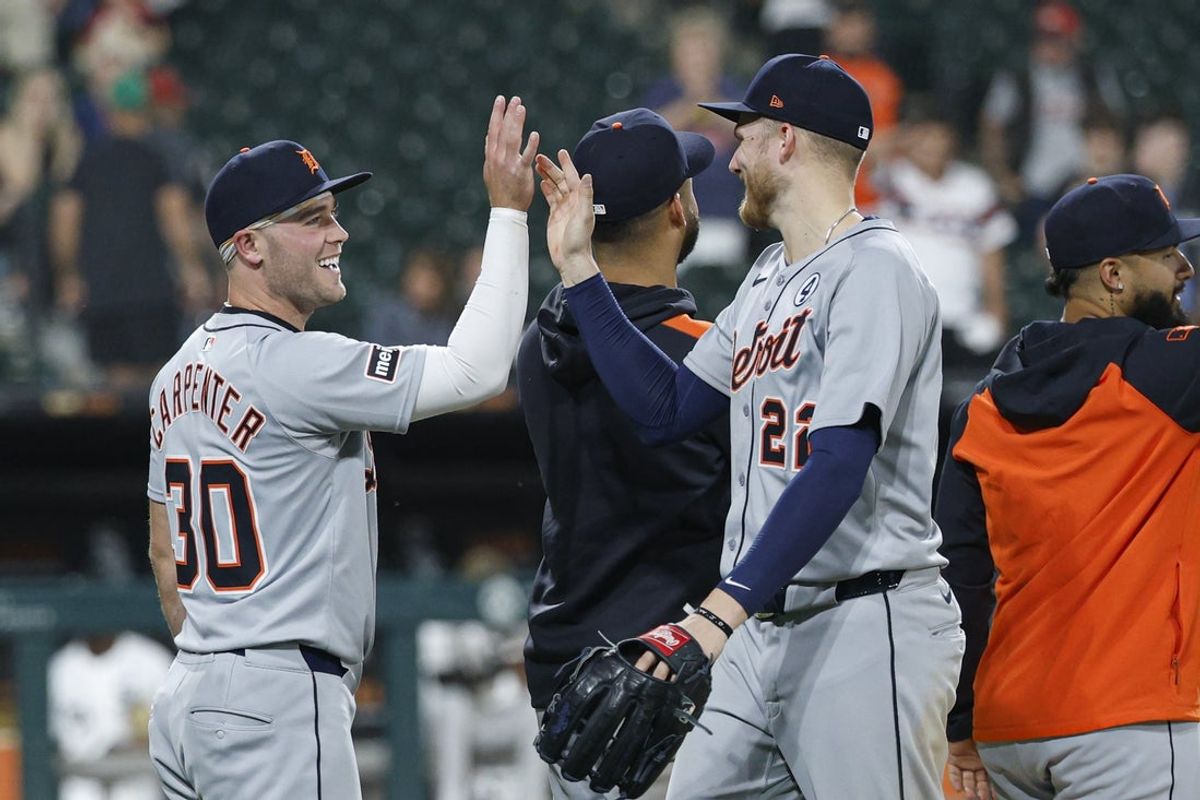 Jun 2, 2025; Chicago, Illinois, USA; Detroit Tigers designated hitter Kerry Carpenter (30) celebrates with center fielder Parker Meadows (22) team's win against the Chicago White Sox at Rate Field. Mandatory Credit: Kamil Krzaczynski-Imagn Images