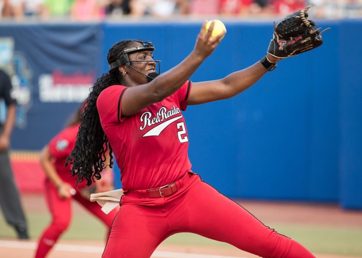 Jun 2, 2025; Oklahoma City, OK, USA;  Texas Tech Red Raiders pitcher NiJaree Canady (24) throws a pitch in the third inning against the Oklahoma Sooners during the NCAA Softball Women's College World Series semifinal game at Devon Park. Mandatory Credit: Brett Rojo-Imagn Images