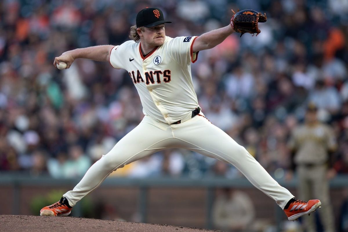 Jun 2, 2025; San Francisco, California, USA; San Francisco Giants starting pitcher Logan Webb (62) delivers a pitch against the San Diego Padres during the second inning at Oracle Park. Mandatory Credit: D. Ross Cameron-Imagn Images