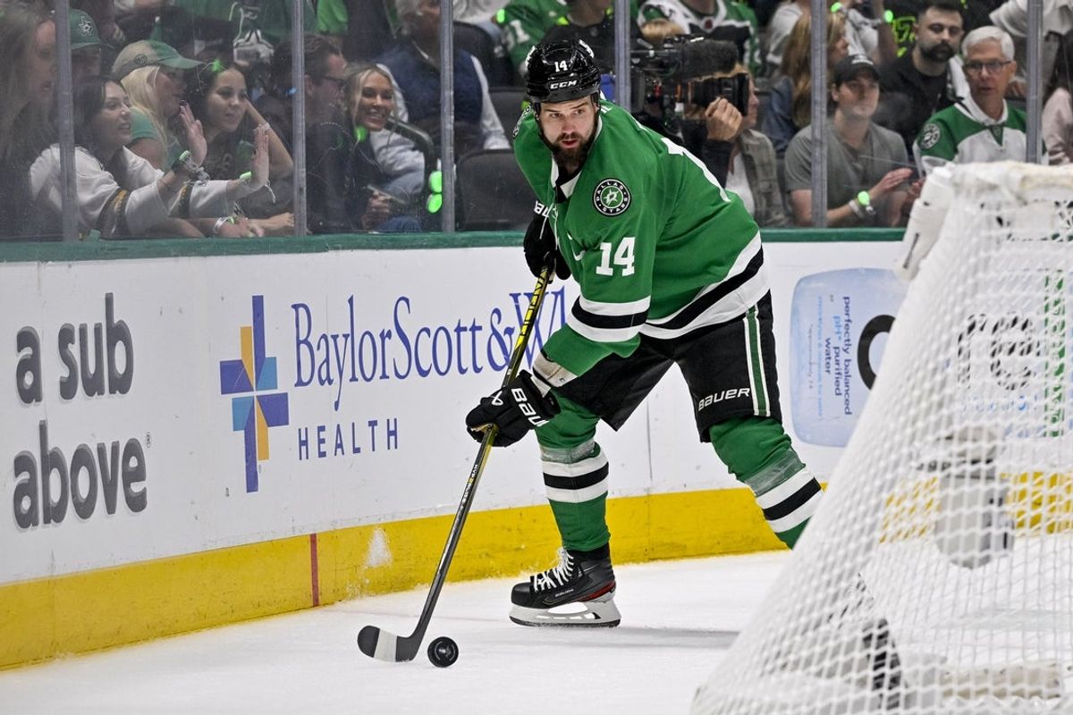 May 29, 2025; Dallas, Texas, USA; Dallas Stars left wing Jamie Benn (14) in action during the game between the Dallas Stars and the Edmonton Oilers in game five of the Western Conference Final of the 2025 Stanley Cup Playoffs at American Airlines Center. Mandatory Credit: Jerome Miron-Imagn Images