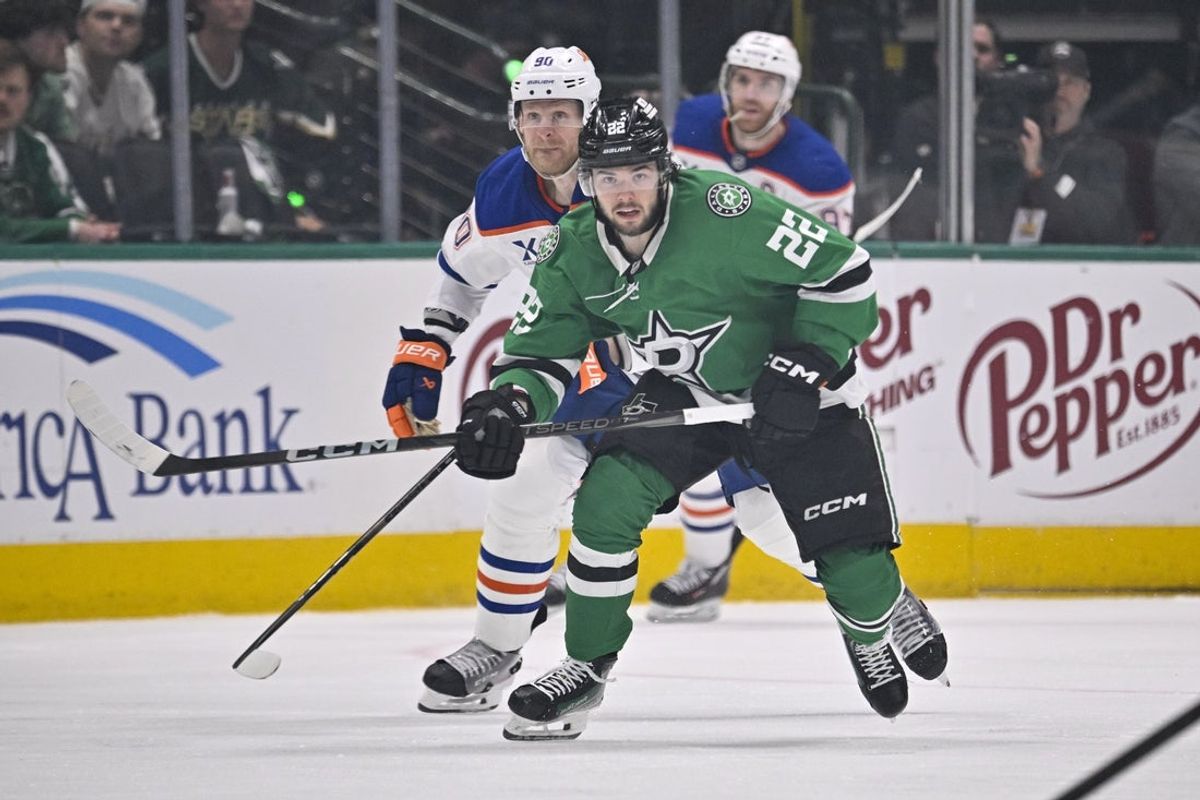 May 29, 2025; Dallas, Texas, USA; Dallas Stars center Mavrik Bourque (22) in action during the game between the Dallas Stars and the Edmonton Oilers in game five of the Western Conference Final of the 2025 Stanley Cup Playoffs at American Airlines Center. Mandatory Credit: Jerome Miron-Imagn Images