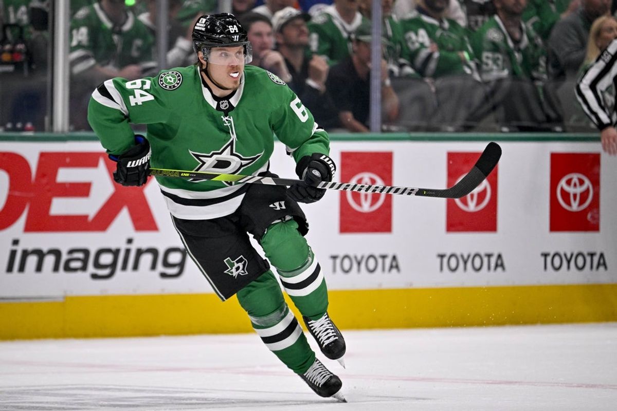 May 29, 2025; Dallas, Texas, USA; Dallas Stars center Mikael Granlund (64) in action during the game between the Dallas Stars and the Edmonton Oilers in game five of the Western Conference Final of the 2025 Stanley Cup Playoffs at American Airlines Center. Mandatory Credit: Jerome Miron-Imagn Images