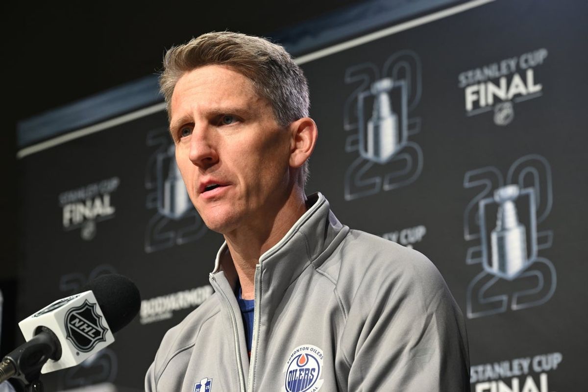 Jun 3, 2025; Edmonton, Alberta, CAN; Edmonton Oilers head coach Kris Knoblauch is seen during media day in advance of the 2025 Stanley Cup Final at Rogers Place. Mandatory Credit: Walter Tychnowicz-Imagn Images
