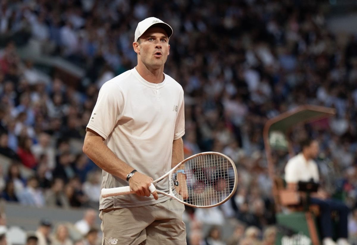 Jun 3, 2025; Paris, FR; Tommy Paul of the United States reacts to a point during his match  against Carlos Alcaraz of Spain on day 10 at Roland Garros Stadium.  Mandatory Credit: Susan Mullane-Imagn Images