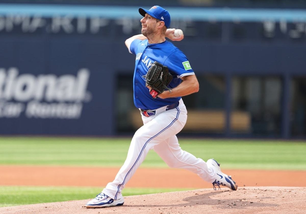 Jun 3, 2025; Toronto, Ontario, CAN; Toronto Blue Jays pitcher Max Scherzer (31) throws a pitch during a live session of batting practice before a game against the Philadelphia Phillies at Rogers Centre. Mandatory Credit: Nick Turchiaro-Imagn Images