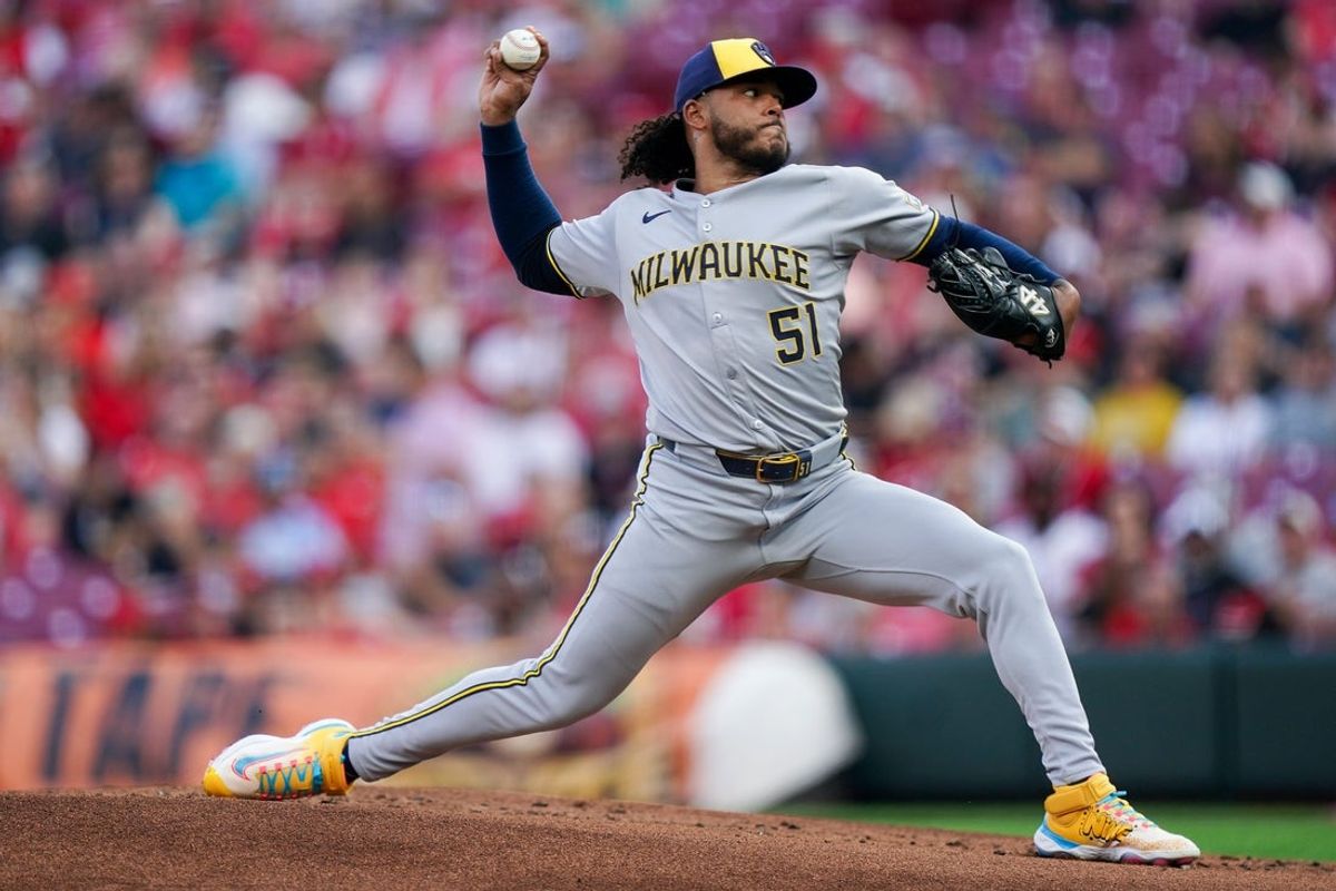 Milwaukee Brewers pitcher Freddy Peralta (51) throws a pitch in the first inning of the MLB game between the Cincinnati Reds and Milwaukee Brewers, Tuesday, June 3, 2025, at Great American Ball Park in Downtown Cincinnati.