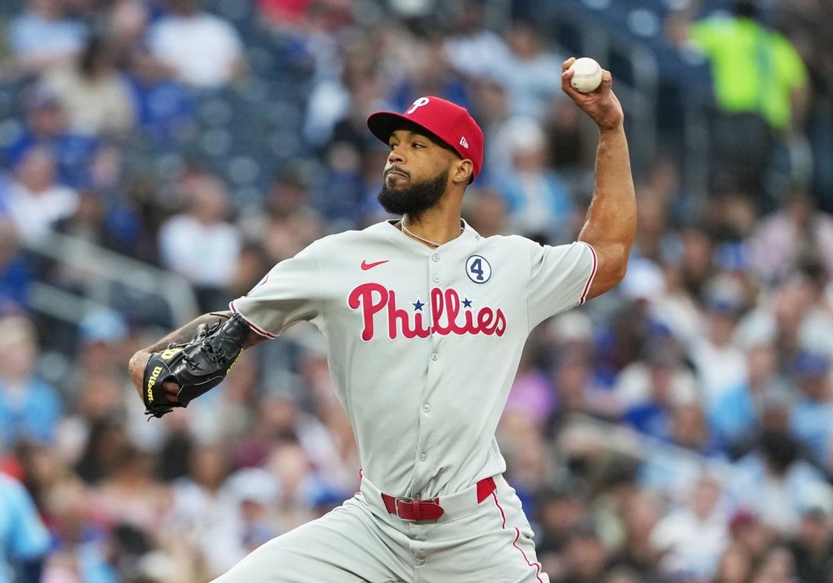 Jun 3, 2025; Toronto, Ontario, CAN; Philadelphia Phillies starting pitcher Cristopher Sanchez (61) throws a pitch against the Toronto Blue Jays during the second inning at Rogers Centre. Mandatory Credit: Nick Turchiaro-Imagn Images