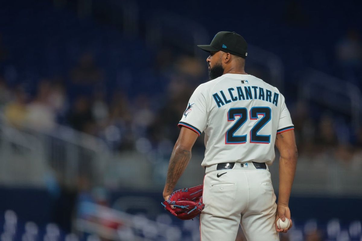 Jun 3, 2025; Miami, Florida, USA; Miami Marlins starting pitcher Sandy Alcantara (22) pitches against the Colorado Rockies during the sixth inning at loanDepot Park. Mandatory Credit: Sam Navarro-Imagn Images