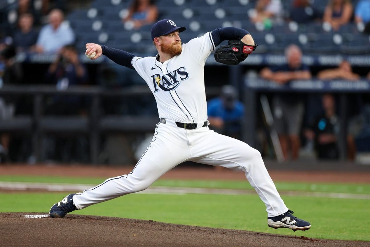 Jun 3, 2025; Tampa, Florida, USA; Tampa Bay Rays starting pitcher Drew Rasmussen (57) throws a pitch against the Texas Rangers in the first inning at George M. Steinbrenner Field. Mandatory Credit: Nathan Ray Seebeck-Imagn Images