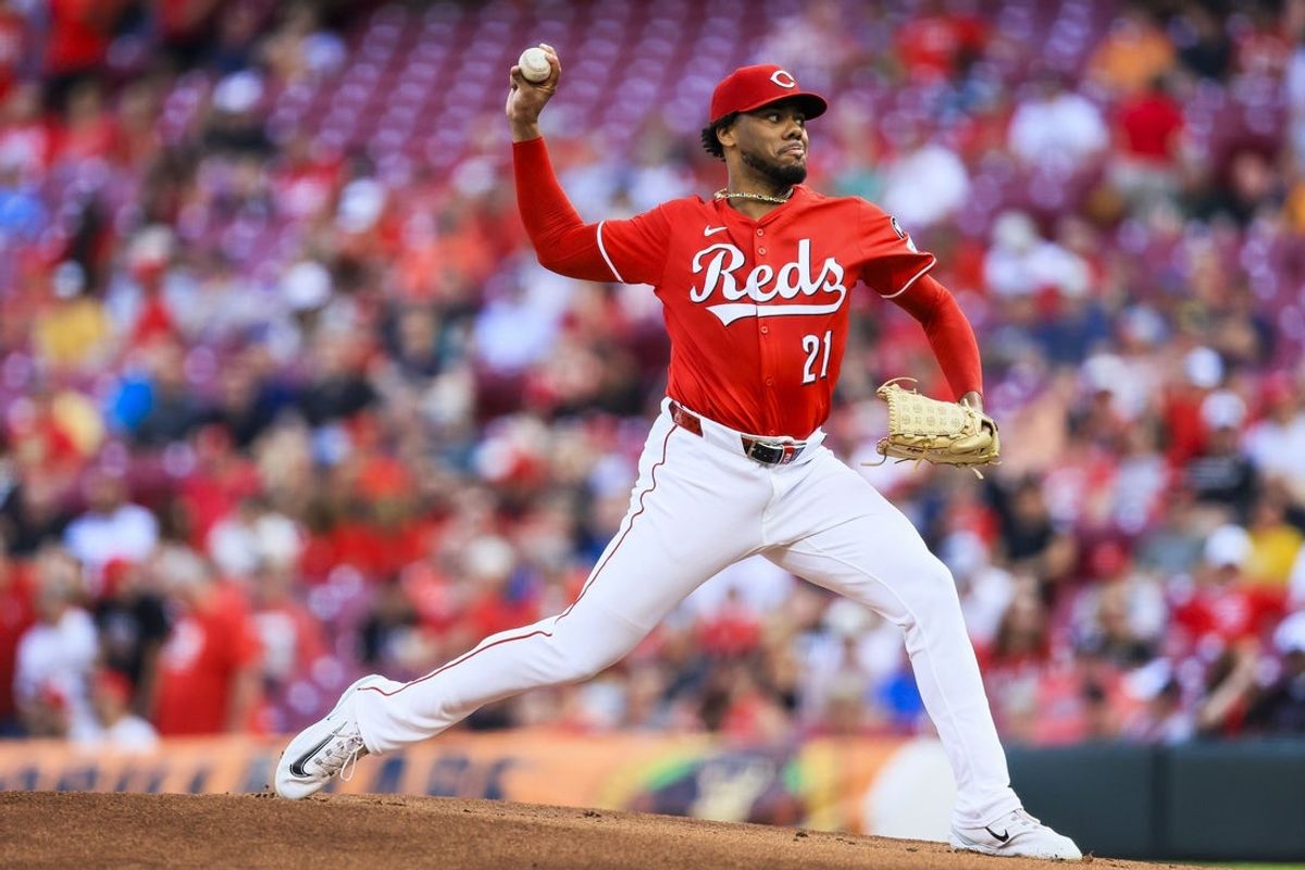 Jun 3, 2025; Cincinnati, Ohio, USA; Cincinnati Reds starting pitcher Hunter Greene (21) pitches against the Milwaukee Brewers in the first inning at Great American Ball Park. Mandatory Credit: Katie Stratman-Imagn Images