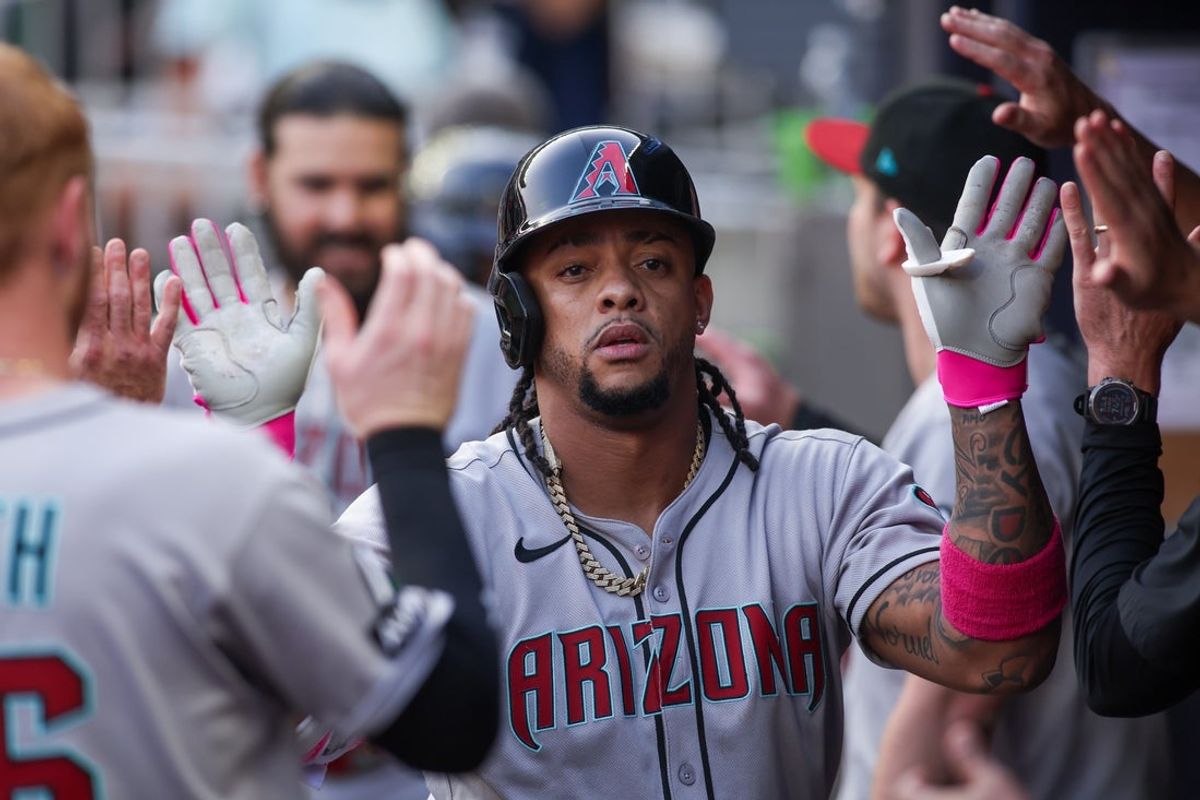 Jun 3, 2025; Atlanta, Georgia, USA; Arizona Diamondbacks second baseman Ketel Marte (4) celebrates with teammates after a two-run home run against the Atlanta Braves in the third inning at Truist Park. Mandatory Credit: Brett Davis-Imagn Images