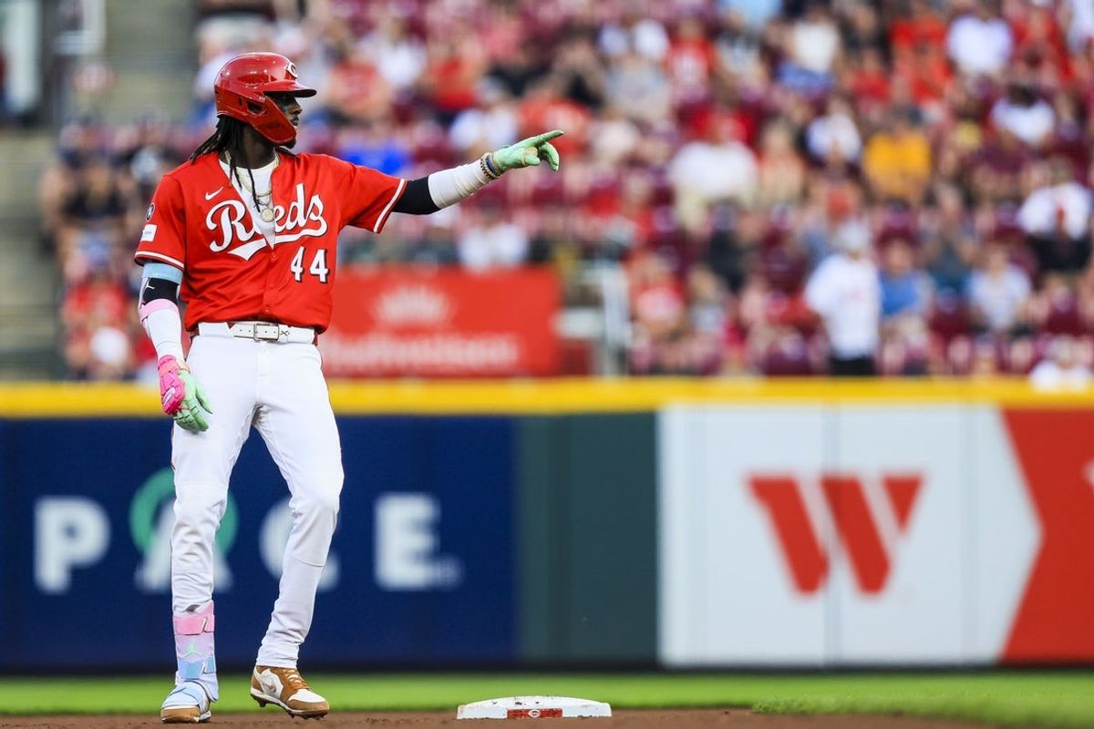 Jun 3, 2025; Cincinnati, Ohio, USA; Cincinnati Reds shortstop Elly De La Cruz (44) reacts after hitting a double in the fourth inning against the Milwaukee Brewers at Great American Ball Park. Mandatory Credit: Katie Stratman-Imagn Images