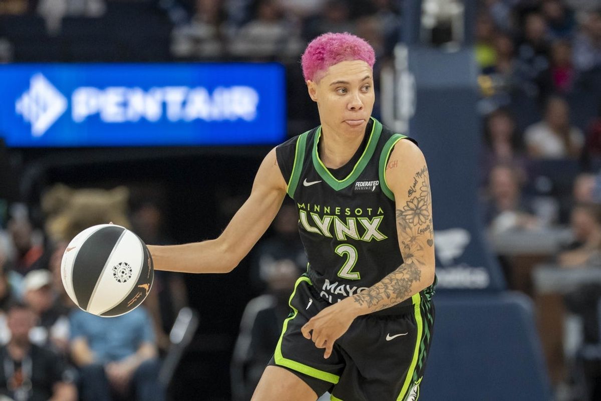 Jun 3, 2025; Minneapolis, Minnesota, USA; Minnesota Lynx guard Natisha Hiedeman (2) dribbles the ball against the Phoenix Mercury in the first half at Target Center. Mandatory Credit: Jesse Johnson-Imagn Images
