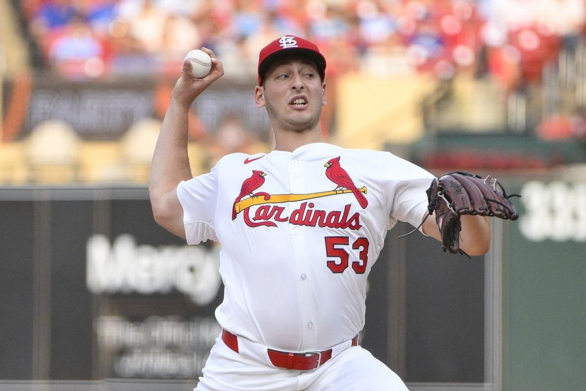 Jun 3, 2025; St. Louis, Missouri, USA;  St. Louis Cardinals starting pitcher Andre Pallante (53) pitches against the Kansas City Royals during the first inning at Busch Stadium. Mandatory Credit: Jeff Curry-Imagn Images
