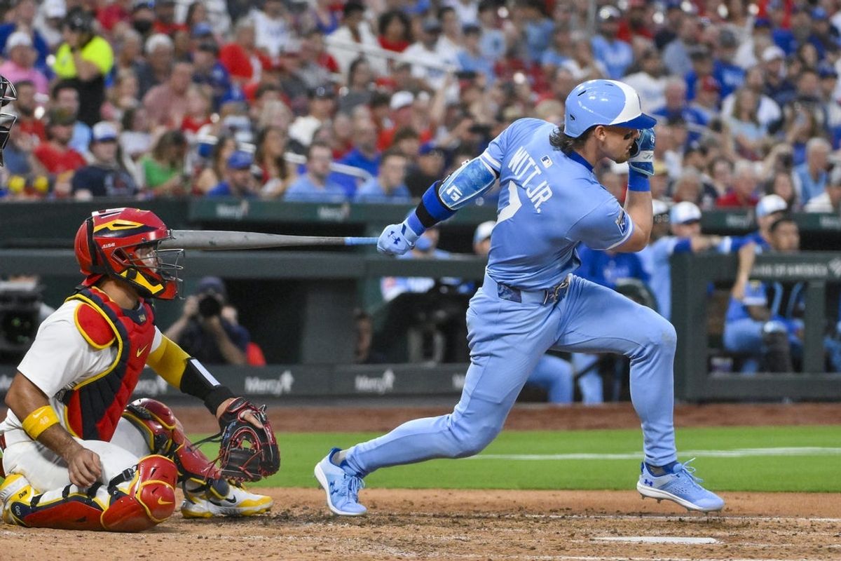 Jun 3, 2025; St. Louis, Missouri, USA;  Kansas City Royals shortstop Bobby Witt Jr. (7) hits a two run single against the St. Louis Cardinals during the fifth inning at Busch Stadium. Mandatory Credit: Jeff Curry-Imagn Images