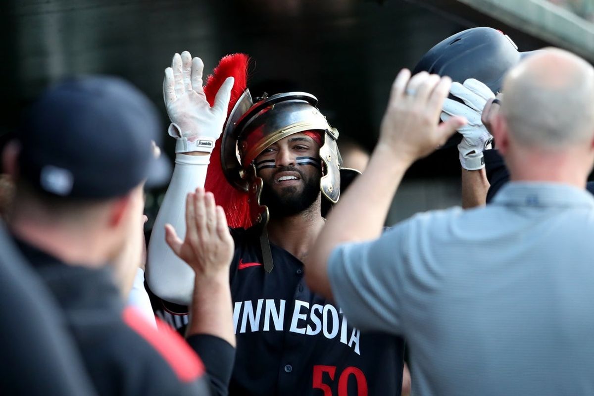Jun 3, 2025; West Sacramento, California, USA; Minnesota Twins right fielder Willi Castro (50) celebrates with teammates after hitting a solo home run against the Athletics during the fourth inning at Sutter Health Park. Mandatory Credit: Dennis Lee-Imagn Images