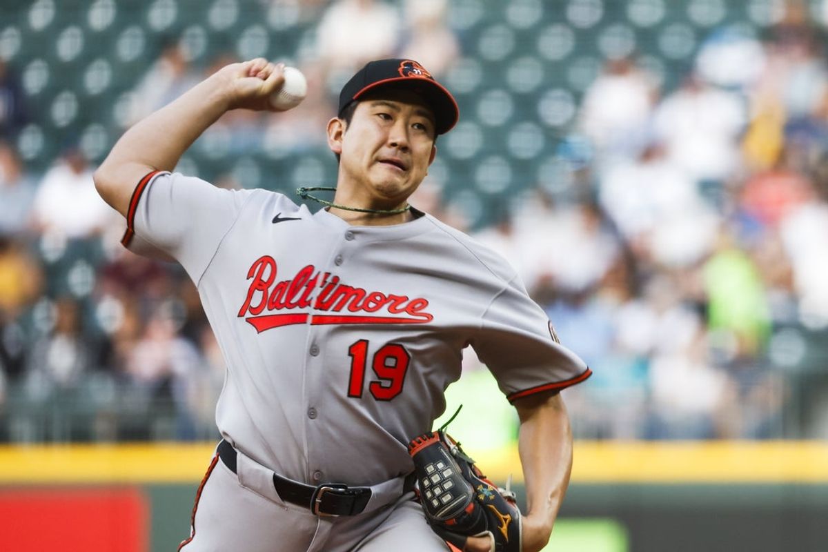 Jun 3, 2025; Seattle, Washington, USA; Baltimore Orioles starting pitcher Tomoyuki Sugano (19) throws against the Seattle Mariners during the third inning at T-Mobile Park. Mandatory Credit: Joe Nicholson-Imagn Images