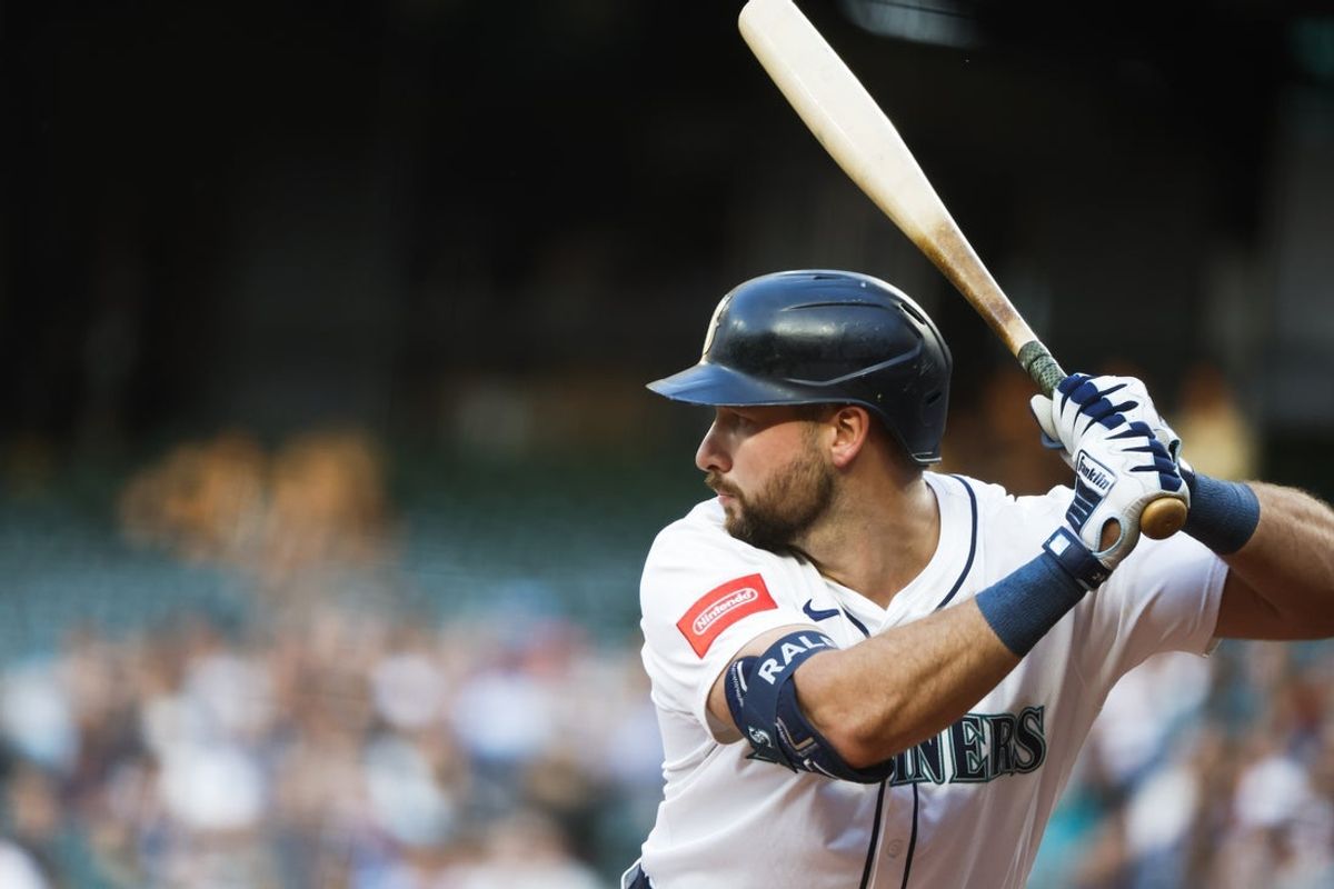 Jun 3, 2025; Seattle, Washington, USA; Seattle Mariners catcher Cal Raleigh (29) waits for a pitch against the Baltimore Orioles during the fourth inning at T-Mobile Park. Mandatory Credit: Joe Nicholson-Imagn Images