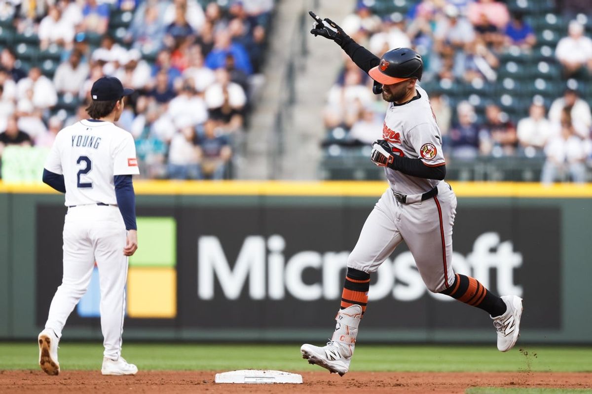Jun 3, 2025; Seattle, Washington, USA; Baltimore Orioles center fielder Colton Cowser (17) runs the bases after hitting a solo-home run against the Seattle Mariners during the sixth inning at T-Mobile Park. Mandatory Credit: Joe Nicholson-Imagn Images