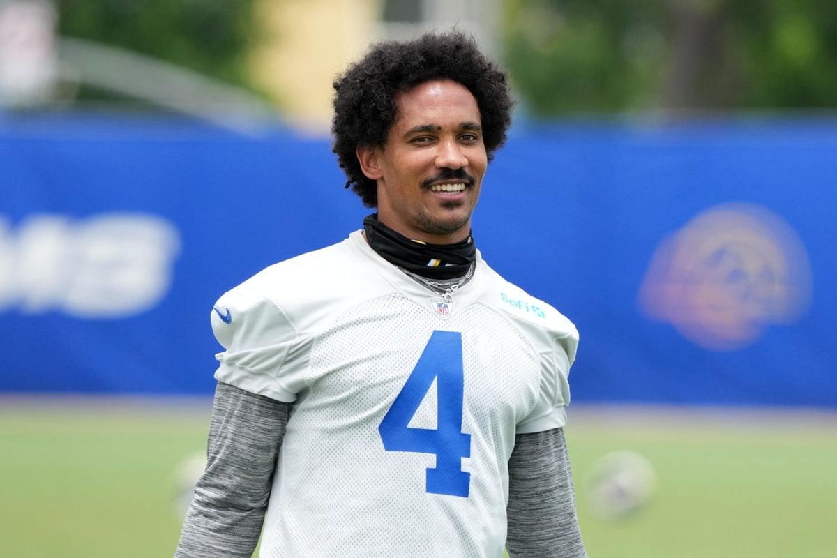 Jun 3, 2025; Woodland Hills, CA, USA; Los Angeles Rams cornerback Ahkello Witherspoon (4) during organized team activities at Rams Practice Facility. Mandatory Credit: Kirby Lee-Imagn Images