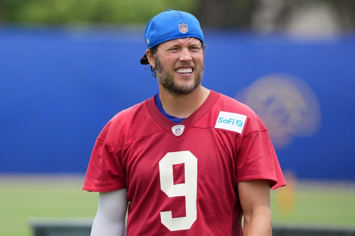 Jun 3, 2025; Woodland Hills, CA, USA; Los Angeles Rams quarterback Matthew Stafford (9) during organized team activities at Rams Practice Facility. Mandatory Credit: Kirby Lee-Imagn Images