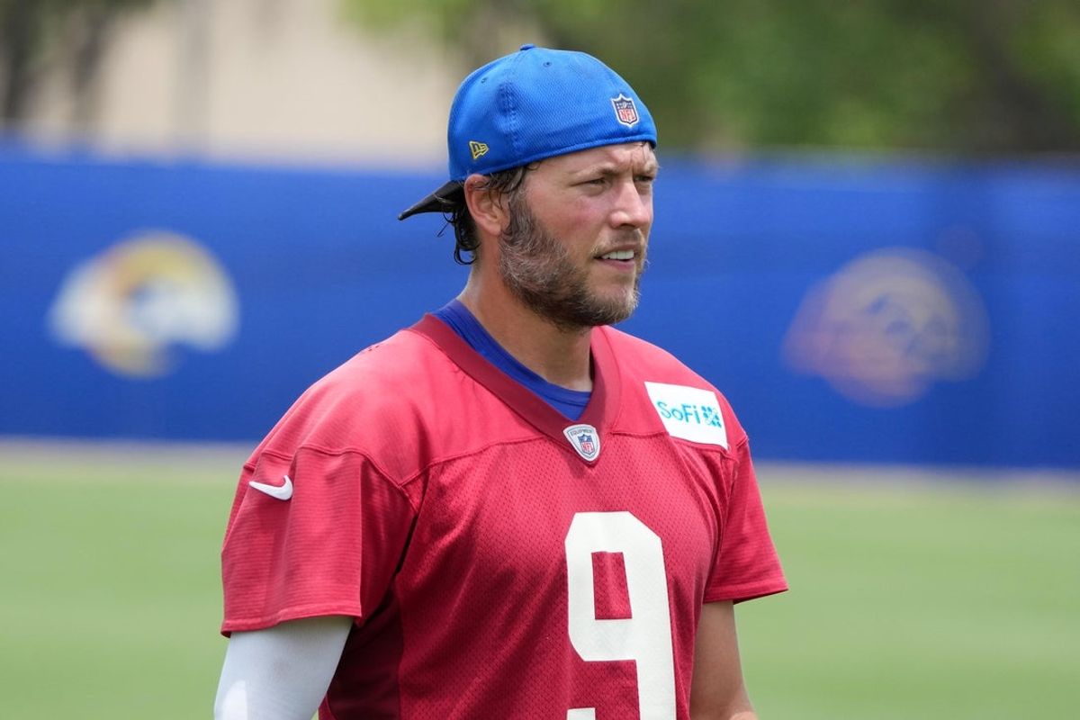 Jun 3, 2025; Woodland Hills, CA, USA; Los Angeles Rams quarterback Matthew Stafford (9) during organized team activities at Rams Practice Facility. Mandatory Credit: Kirby Lee-Imagn Images