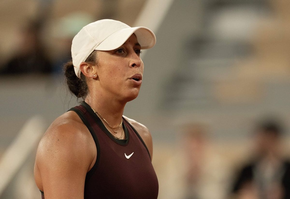 Jun 4, 2025; Paris, FR; Madison Keys of the United States reacts to a point during her match  against Coco Gauff of the United States on day 11 at Roland Garros Stadium.  Mandatory Credit: Susan Mullane-Imagn Images