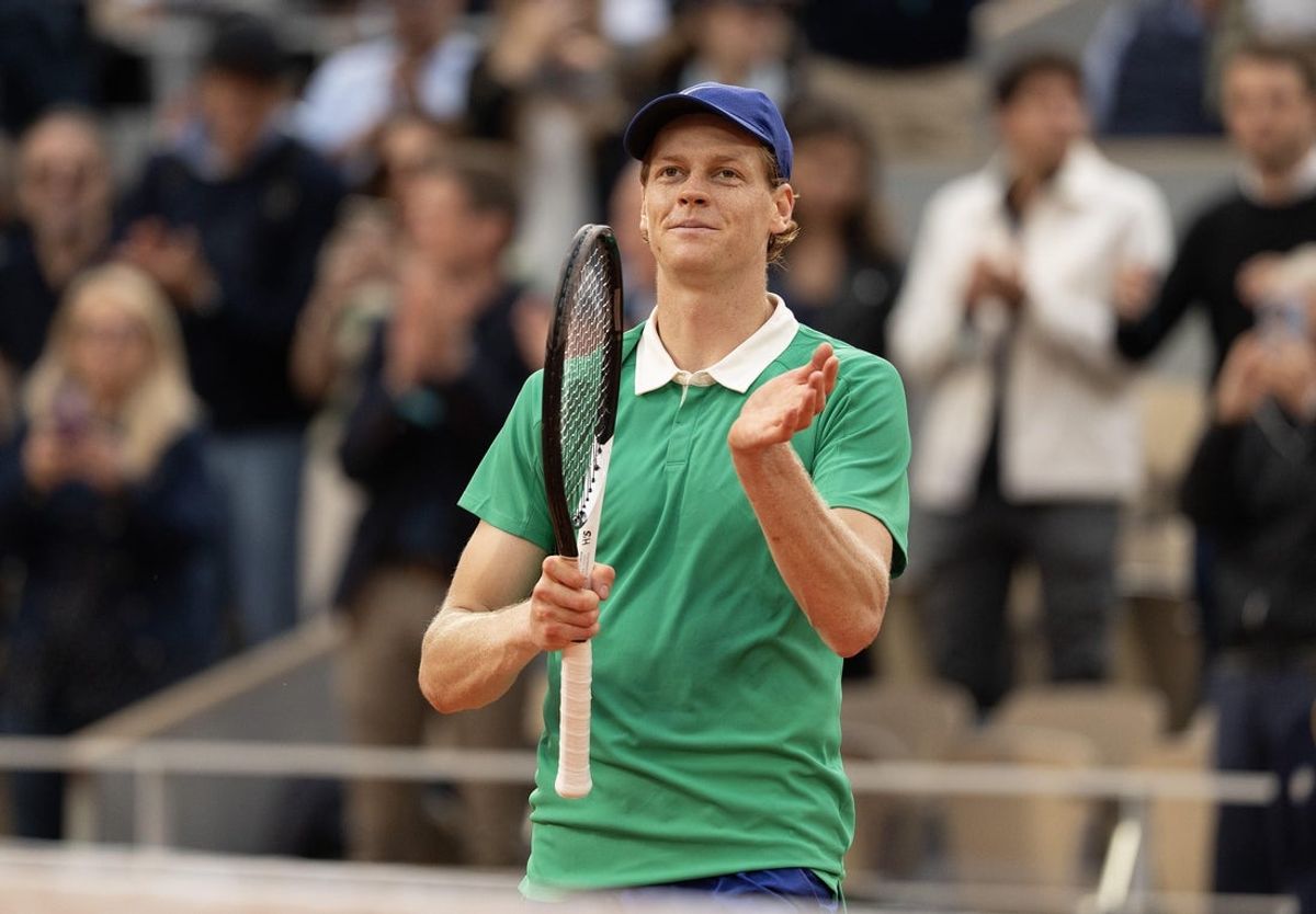 Jun 4, 2025; Paris, FR; Jannik Sinner of Italy celebrates winning his match against Alexander Bublik of Kazakhstan on day 11 at Roland Garros Stadium.  Mandatory Credit: Susan Mullane-Imagn Images