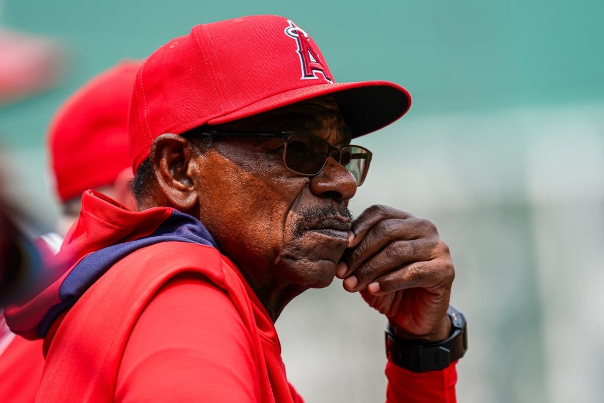 Jun 4, 2025; Boston, Massachusetts, USA; Los Angeles Angels manager Ron Washington (37) watches from the dugout against the Boston Red Sox in the first inning at Fenway Park. Mandatory Credit: David Butler II-Imagn Images