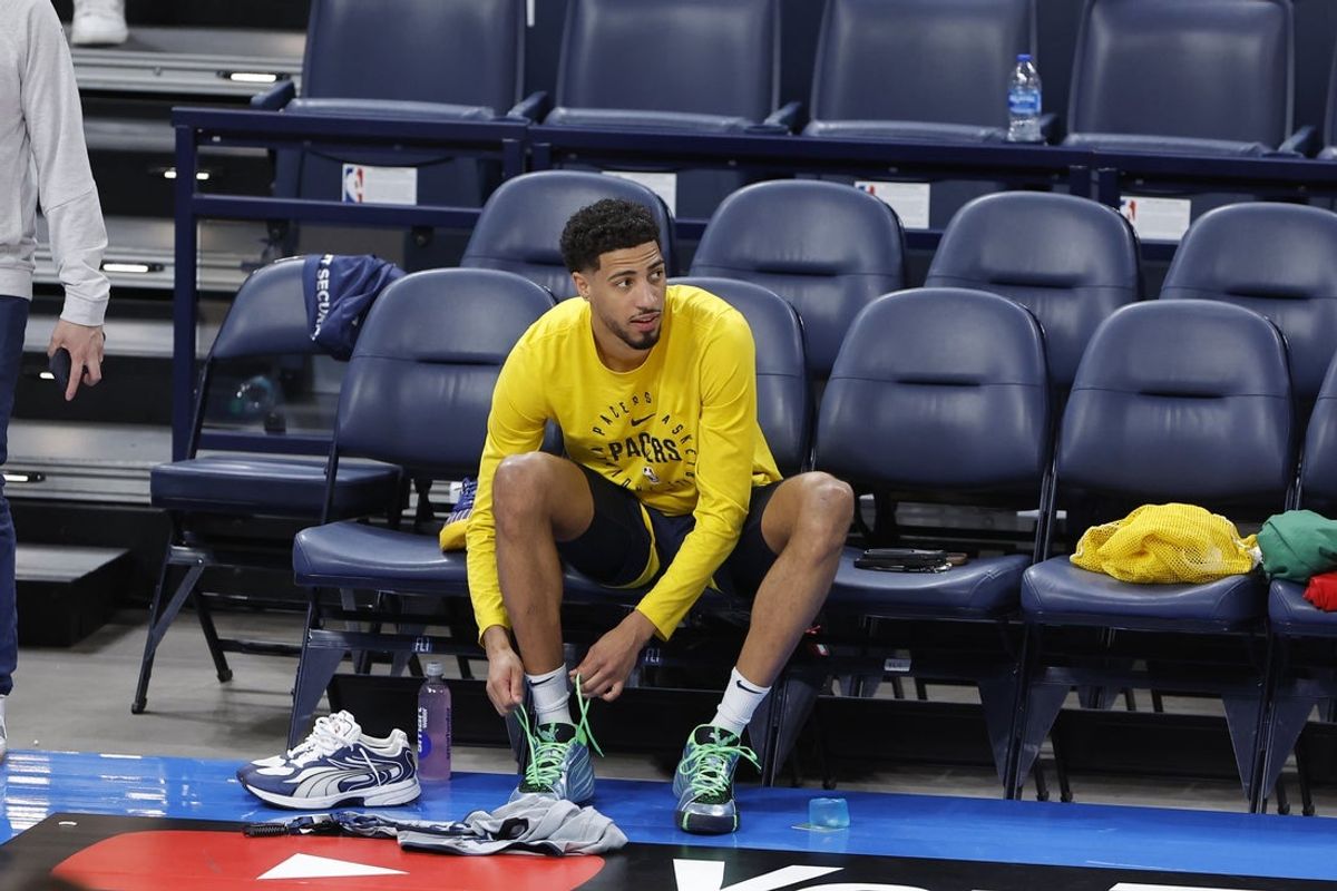 Jun 4, 2025; Oklahoma City, OK, USA; Indiana Pacers guard Tyrese Haliburton (0) during NBA Finals Media Day at Paycom Center. Mandatory Credit: Alonzo Adams-Imagn Images
