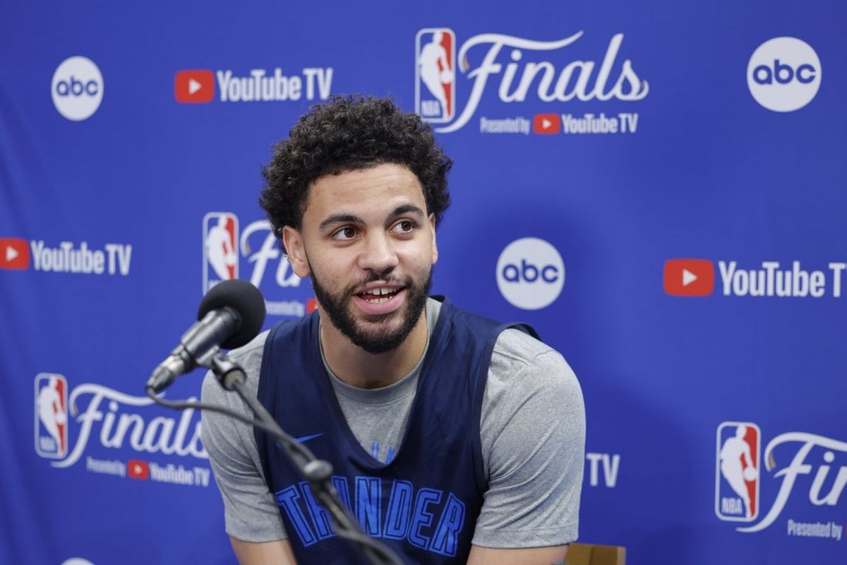 Jun 4, 2025; Oklahoma City, OK, USA; Oklahoma City Thunder guard Ajay Mitchell (25) during NBA Finals Media Day at Paycom Center. Mandatory Credit: Alonzo Adams-Imagn Images