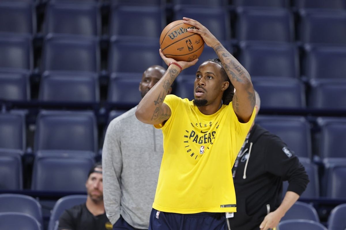 Jun 4, 2025; Oklahoma City, OK, USA; Indiana Pacers forward Isaiah Jackson (22) during NBA Finals Media Day at Paycom Center. Mandatory Credit: Alonzo Adams-Imagn Images