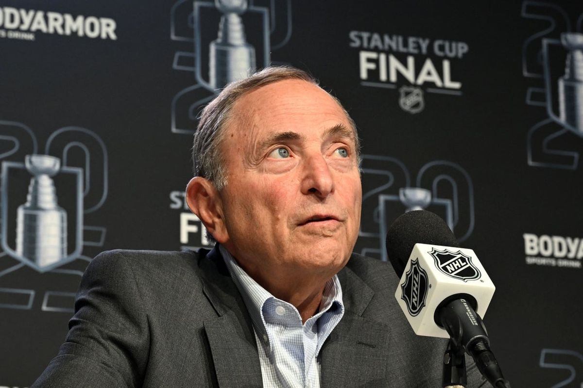Jun 4, 2025; Edmonton, Alberta, CAN;  National Hockey League commissioner Gary Bettman speaks to the media before game one of the 2025 Stanley Cup Final between the Florida Panthers and the Edmonton Oilers at Rogers Place. Mandatory Credit: Walter Tychnowicz-Imagn Images