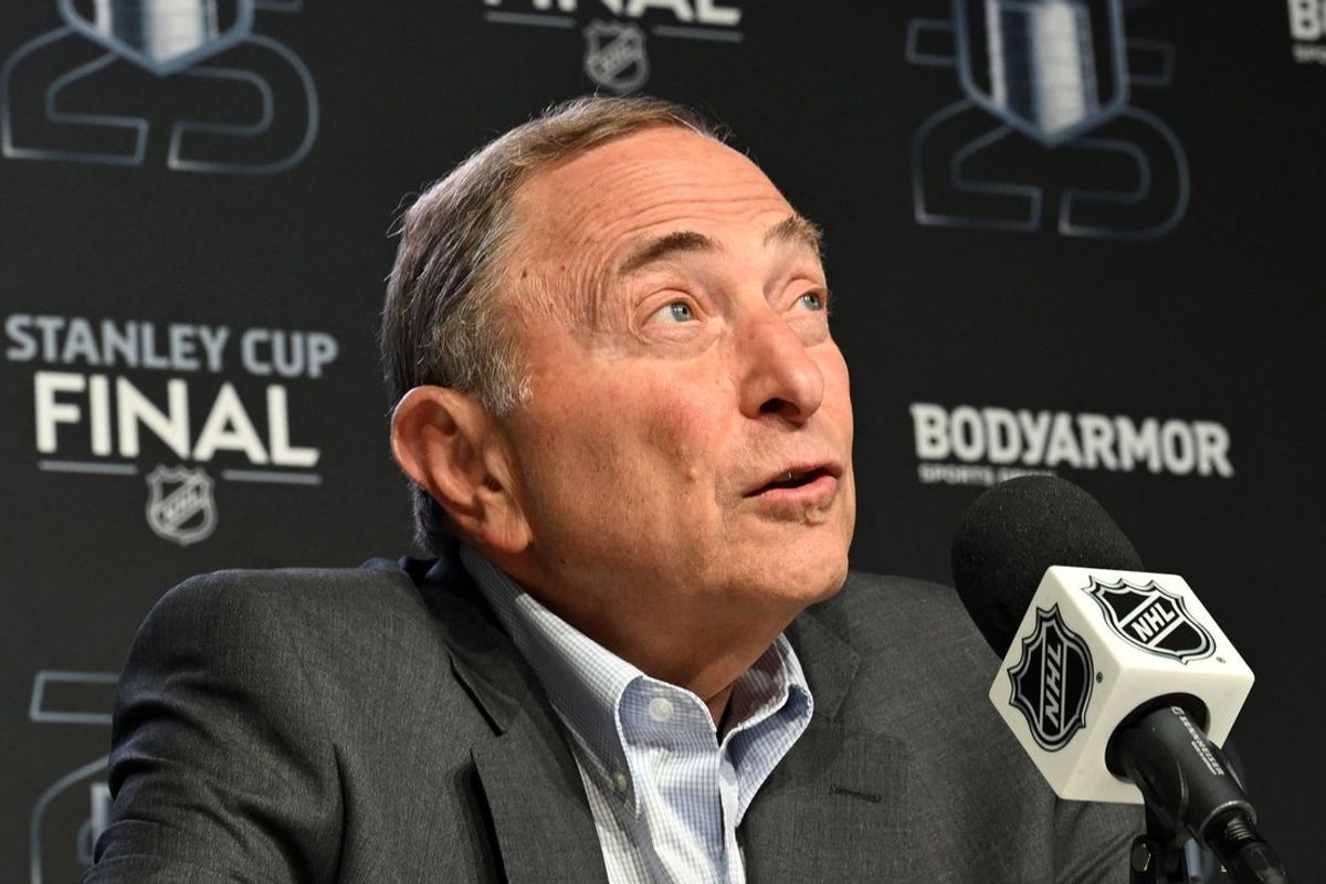 Jun 4, 2025; Edmonton, Alberta, CAN;  National Hockey League commissioner Gary Bettman speaks to the media before game one of the 2025 Stanley Cup Final between the Florida Panthers and the Edmonton Oilers at Rogers Place. Mandatory Credit: Walter Tychnowicz-Imagn Images