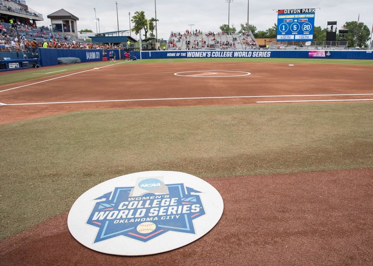 Jun 4, 2025; Oklahoma City, OK, USA;  The field is ready for game one of the finals between the Texas Longhorns and the Texas Tech Red Raiders in the NCAA Softball Women's College World Series finals at Devon Park. Mandatory Credit: Brett Rojo-Imagn Images