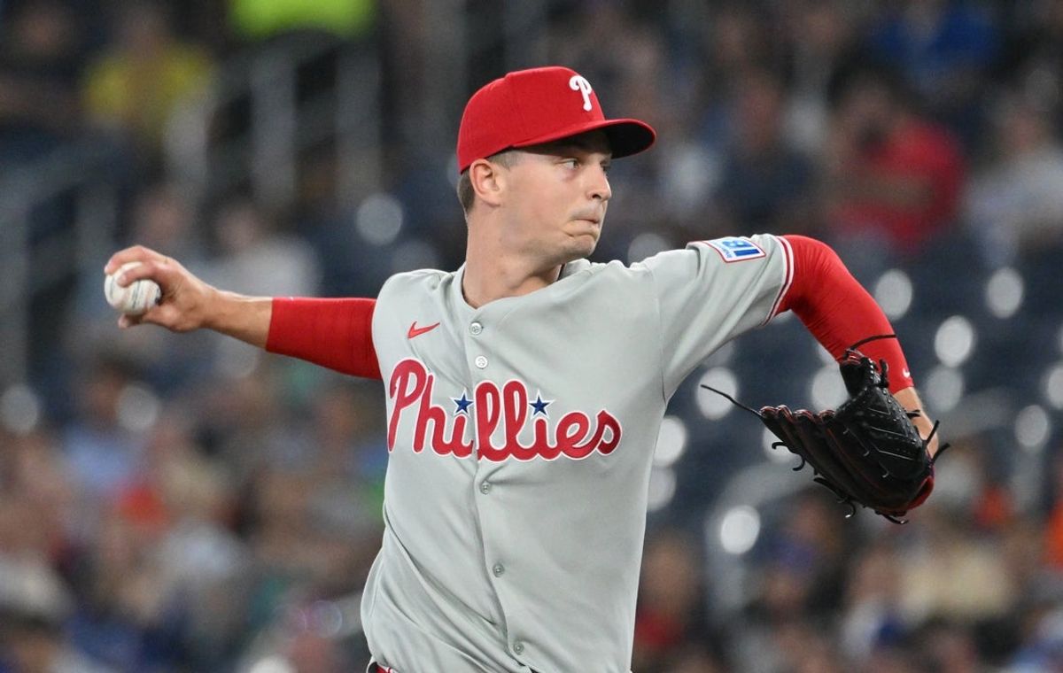 Jun 4, 2025; Toronto, Ontario, CAN;  Philadelphia Phillies starting pitcher Mick Abel (40) delivers a pitch against the Toronto Blue Jays in the first inning at Rogers Centre. Mandatory Credit: Dan Hamilton-Imagn Images