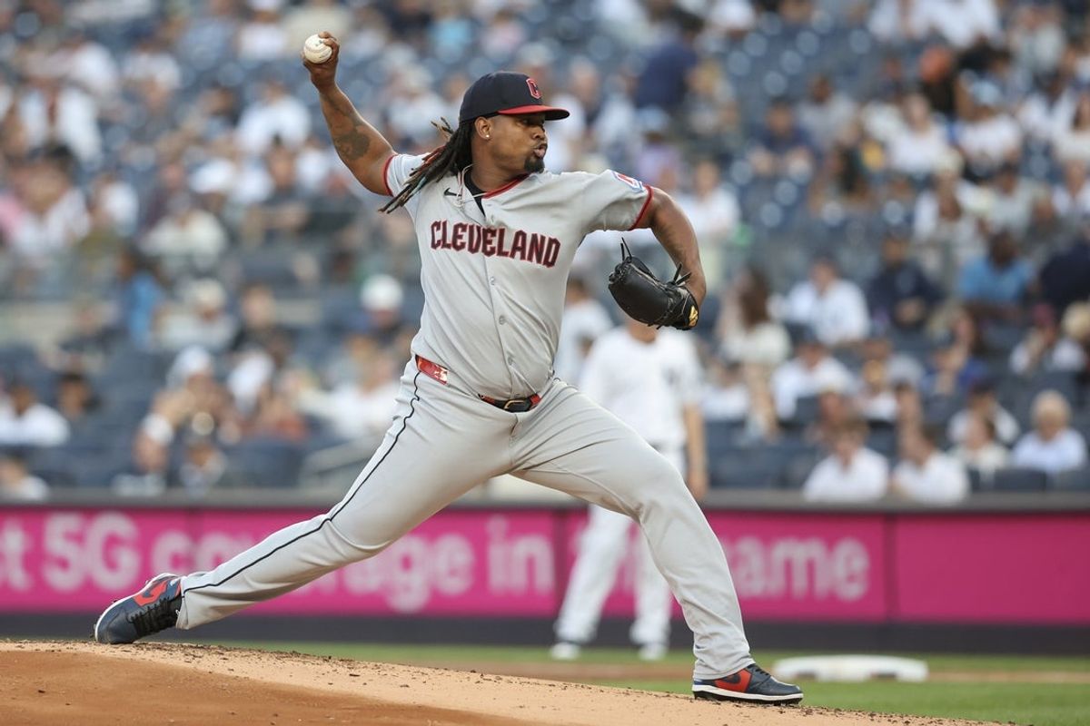 Jun 4, 2025; Bronx, New York, USA;  Cleveland Guardians starting pitcher Luis L. Ortiz (45) pitches in the first inning against the New York Yankees at Yankee Stadium. Mandatory Credit: Wendell Cruz-Imagn Images