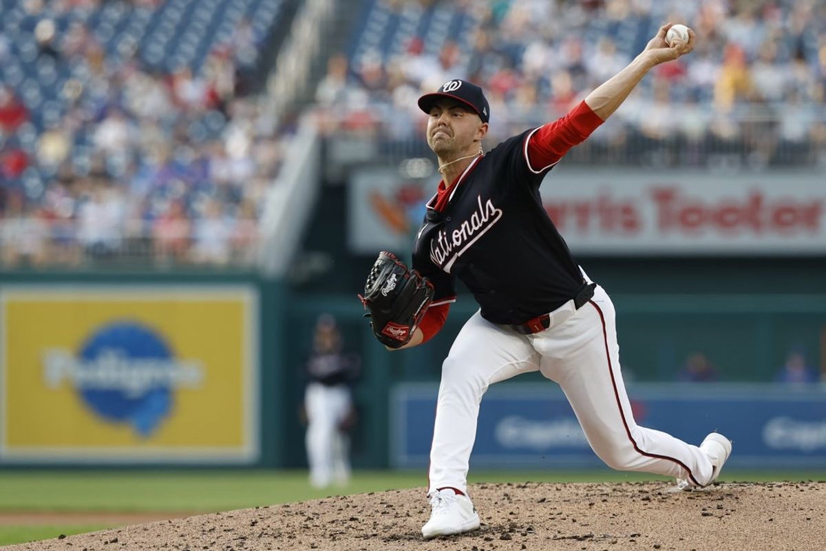 Jun 4, 2025; Washington, District of Columbia, USA; Washington Nationals starting pitcher MacKenzie Gore (1) pitches against the Chicago Cubs during the third inning at Nationals Park. Mandatory Credit: Geoff Burke-Imagn Images