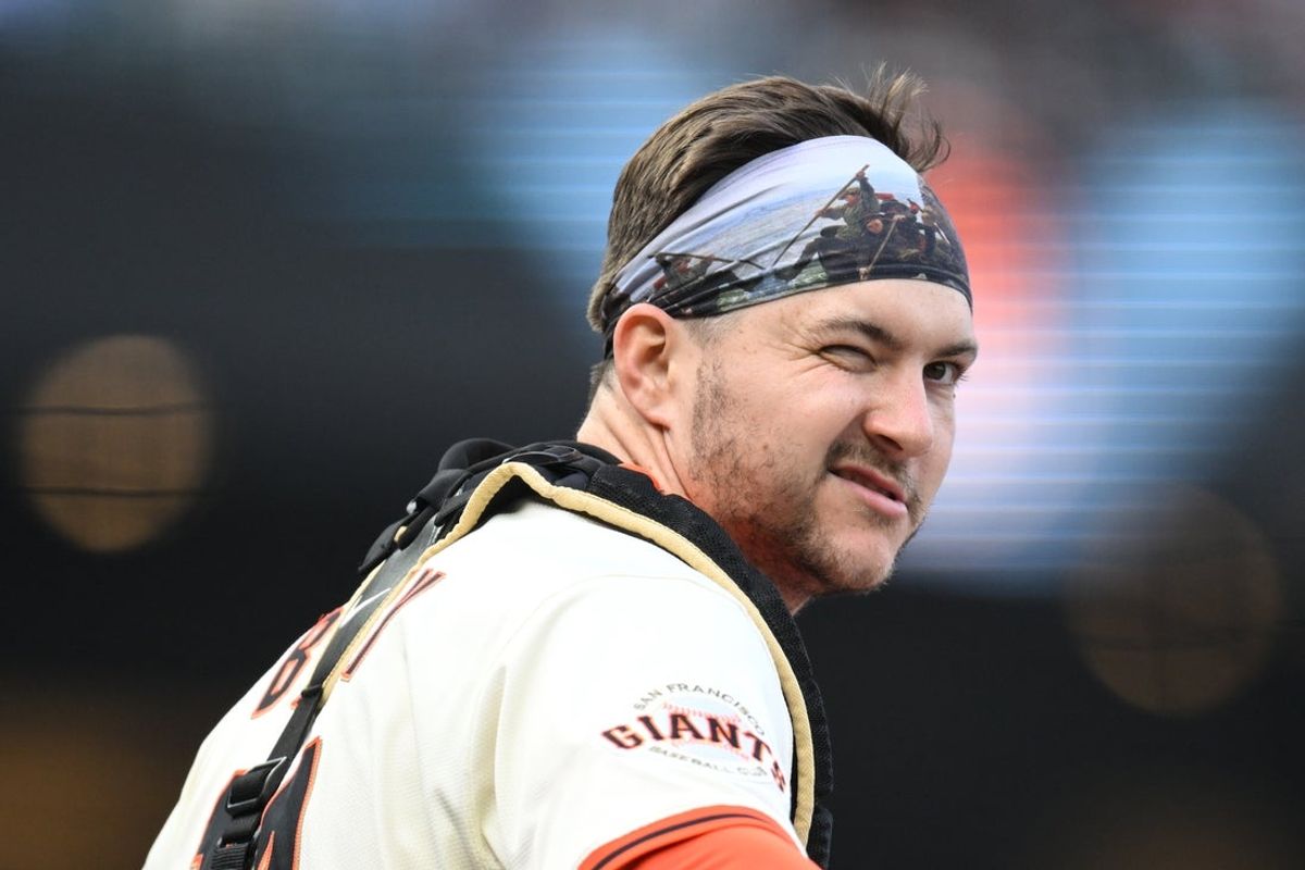 Jun 4, 2025; San Francisco, California, USA;  San Francisco Giants catcher Patrick Bailey (14) winks against the San Diego Padres in the first inning at Oracle Park. Mandatory Credit: Eakin Howard-Imagn Images