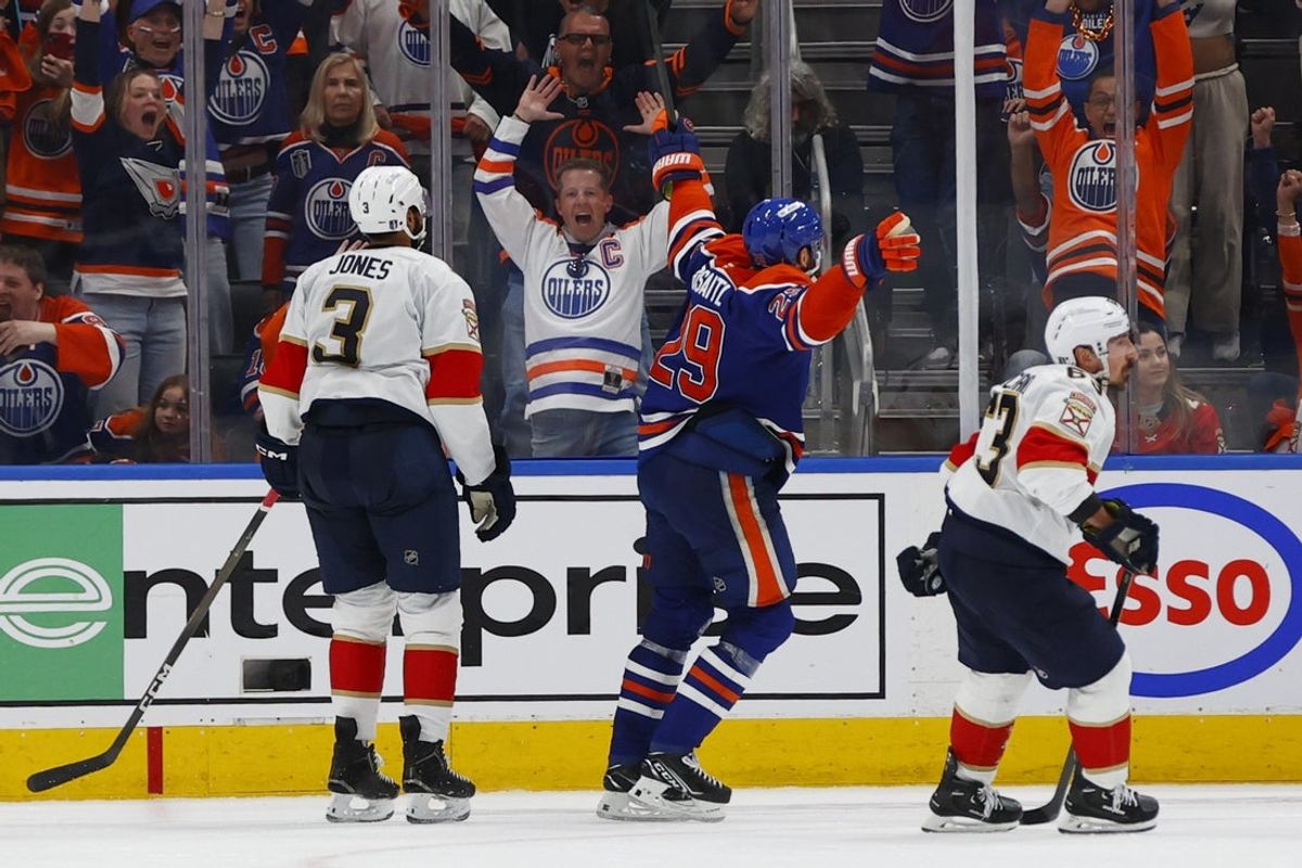 Jun 4, 2025; Edmonton, Alberta, CAN; Edmonton Oilers center Leon Draisaitl (29) reacts after scoring the game winning goal during overtime against the Florida Panthers in game one of the 2025 Stanley Cup Final at Rogers Place. Mandatory Credit: Perry Nelson-Imagn Images