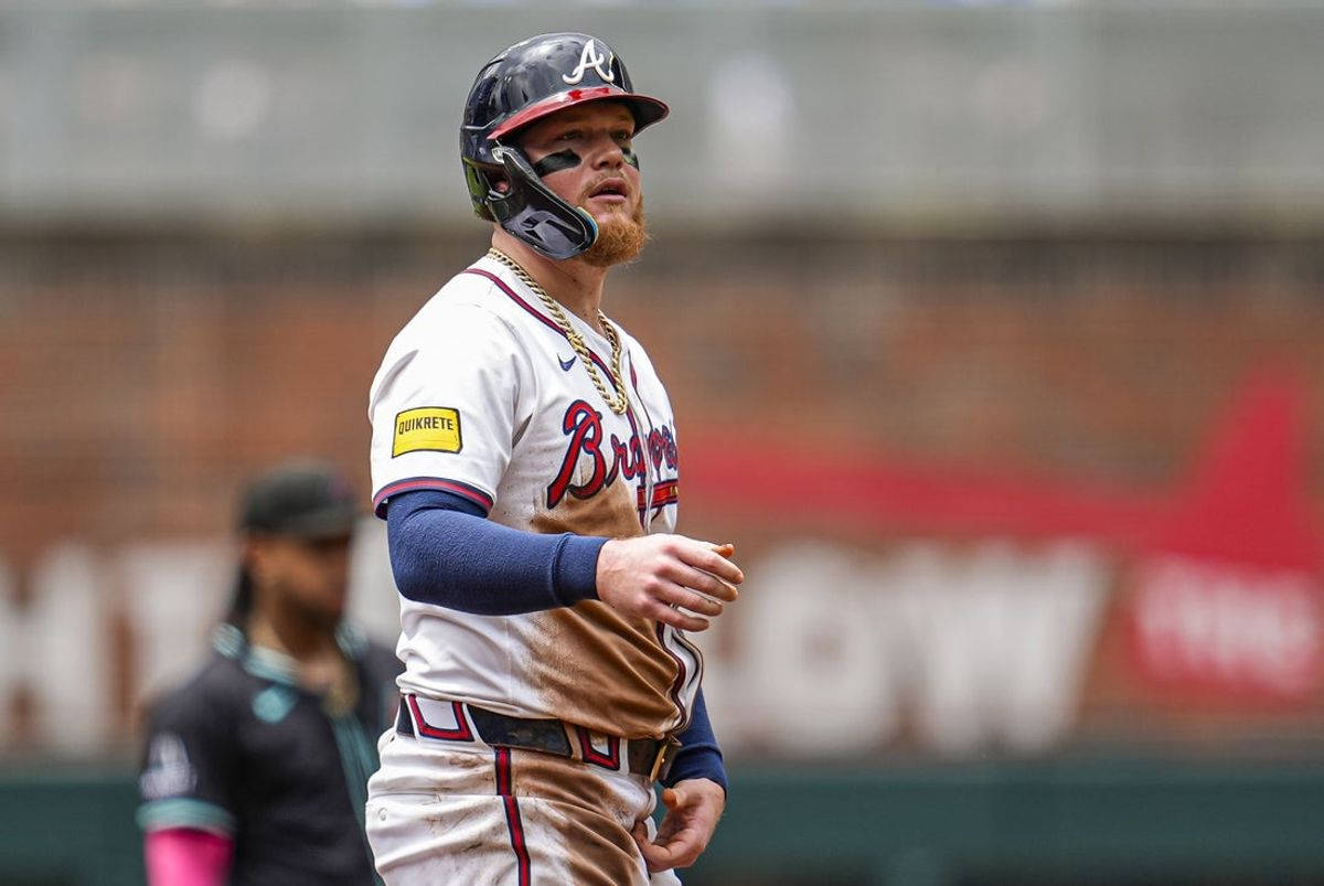 Jun 5, 2025; Cumberland, Georgia, USA; Atlanta Braves left fielder Alex Verdugo (8) shown on second base after hitting a double to drive in a run against the Arizona Diamondbacks during the second inning at Truist Park. Mandatory Credit: Dale Zanine-Imagn Images