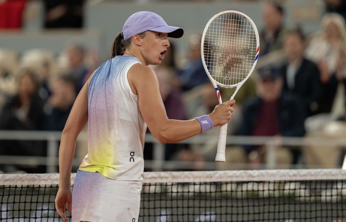 Jun 5, 2025; Paris, FR;  Iga Swiatek of Poland reacts to a point during her match against Aryna Sabalenka on day 12 at Roland Garros Stadium. Mandatory Credit: Susan Mullane-Imagn Images