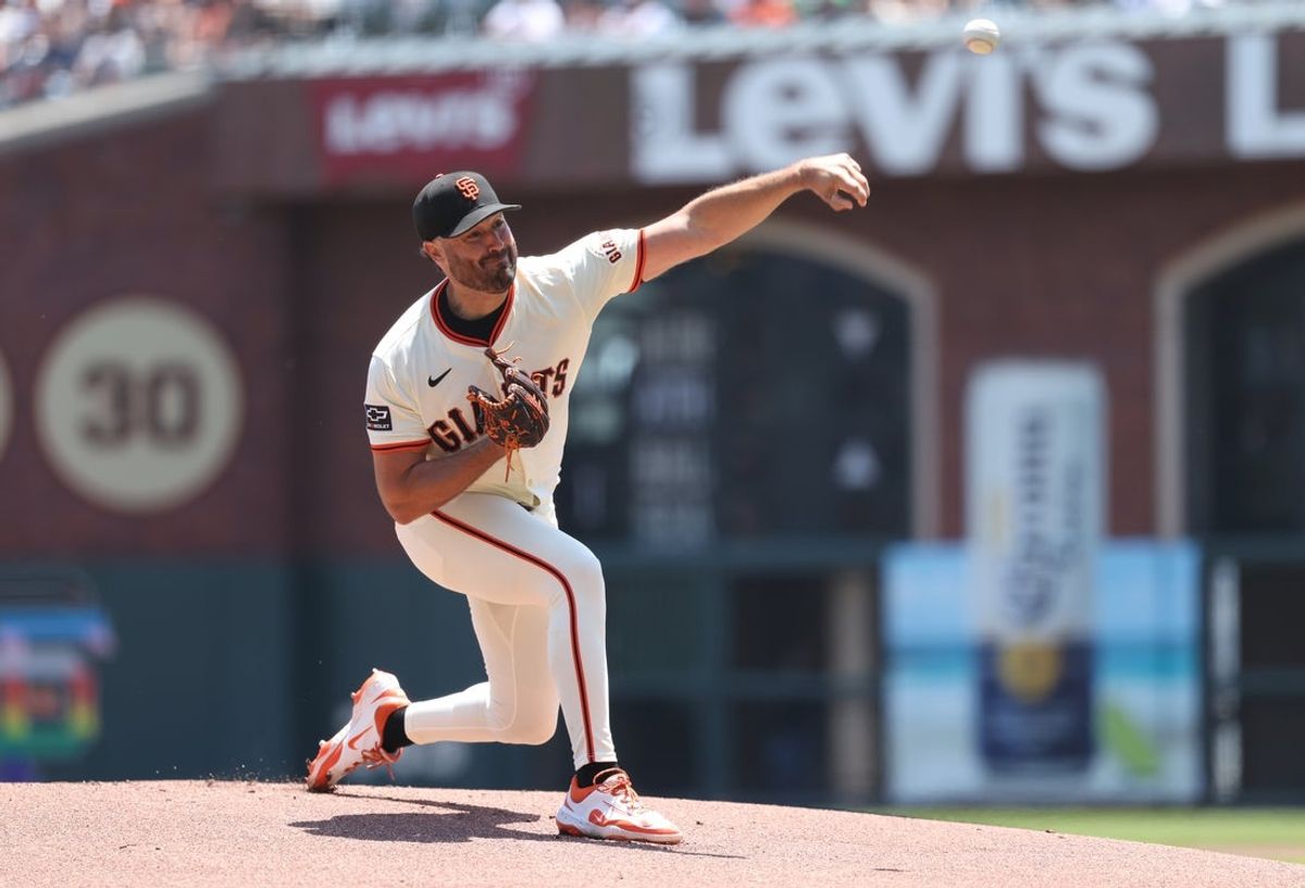 Jun 5, 2025; San Francisco, California, USA; San Francisco Giants starting pitcher Robbie Ray (38) pitches the ball against the San Diego Padres during the first inning at Oracle Park. Mandatory Credit: Kelley L Cox-Imagn Images
