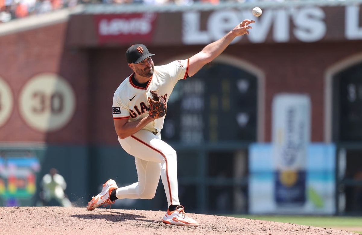 Jun 5, 2025; San Francisco, California, USA; San Francisco Giants starting pitcher Robbie Ray (38) pitches the ball against the San Diego Padres during the fifth inning at Oracle Park. Mandatory Credit: Kelley L Cox-Imagn Images